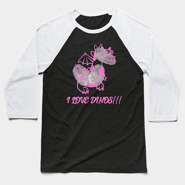 I Love Dinos Funny Cute Fingerprint Dinosaur Baseball T-Shirt by BuddyandPrecious